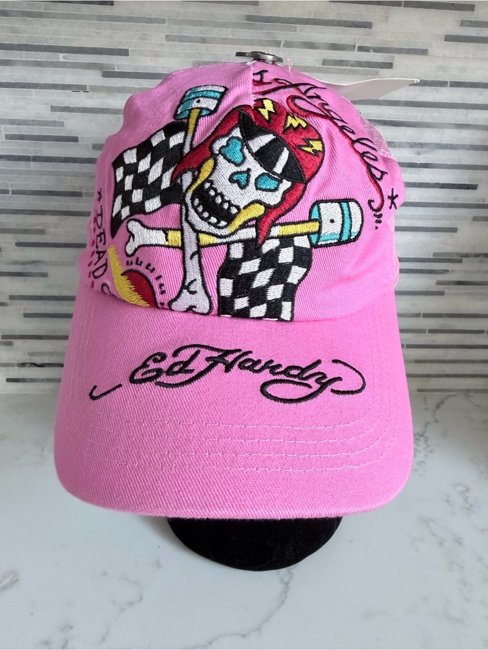 Vintage Adjustable Ed Hardy Pink Embroidered Dead or alive Skull Trucker Hat